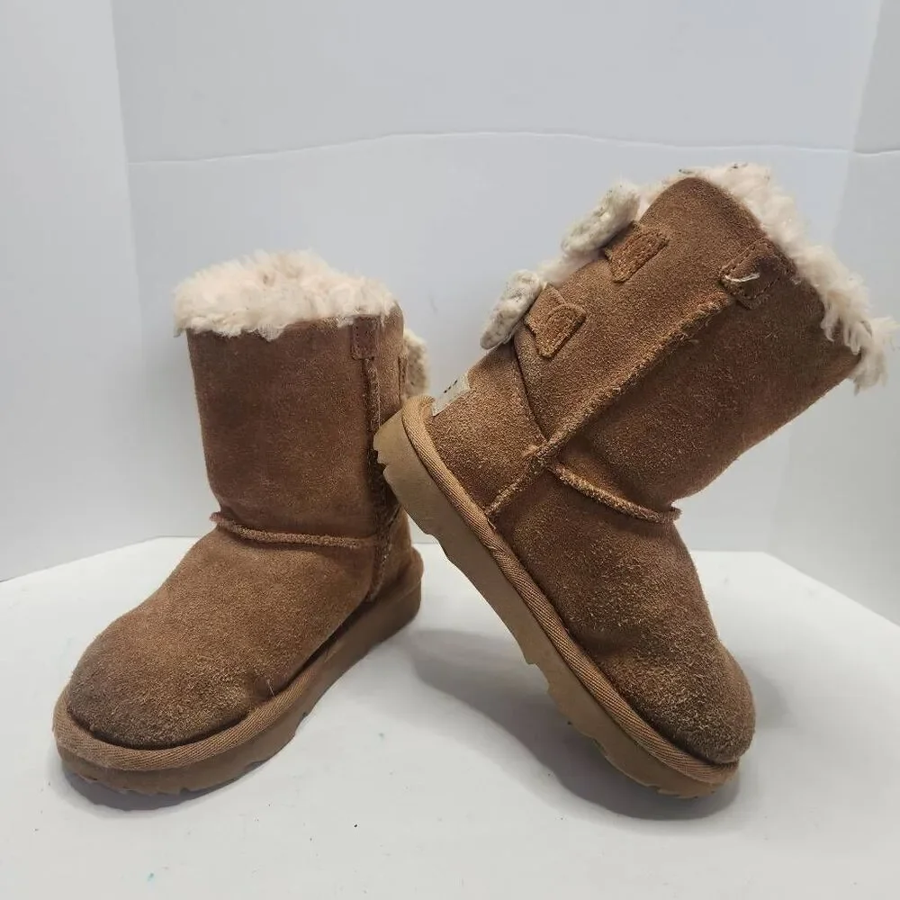 UGG Kids Chesnut Suede Bailey Knit Bow Wool Blend Plush Lined Winter Boots Sz 9